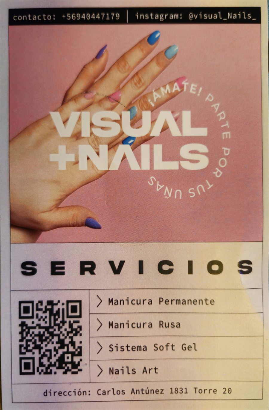 Flyer de Visual Nails con servicios, dirección y contacto
